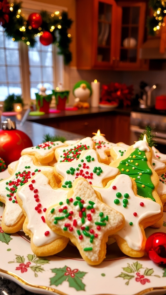 A plate of decorated Christmas cookies with sprinkles, set in a cozy kitchen with holiday decorations.